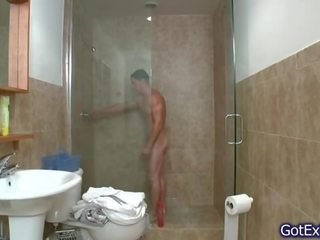Incredible muscled chap jerking under shower