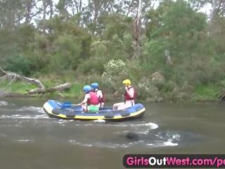 Hairy amateur adolescent fingered in rafting threesome